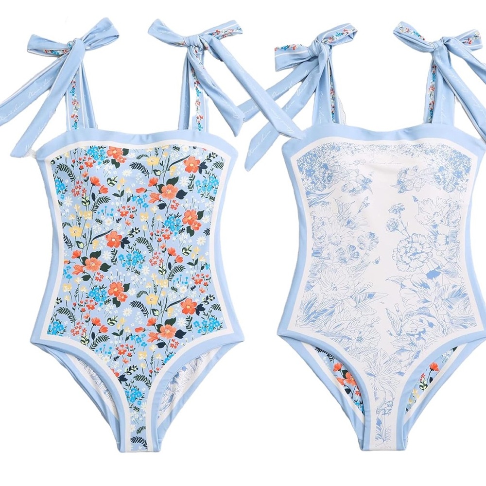 Blue and Pink Floral One Piece Swimsuit Size Large